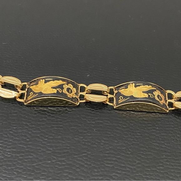 Vintage Damascene Gold-tone Enameled Birds & Flowers Link 8” Bracelet 16.3g - Picture 9 of 15
